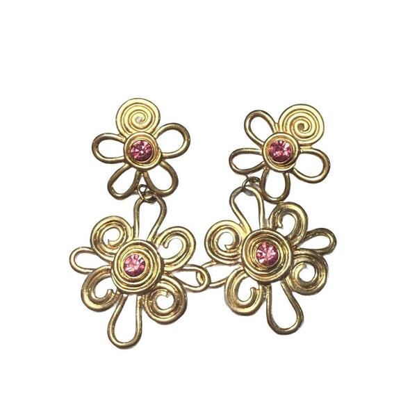 Avon Vintage Gold Tone Flower Dangle Earrings with Pink Rhinestones